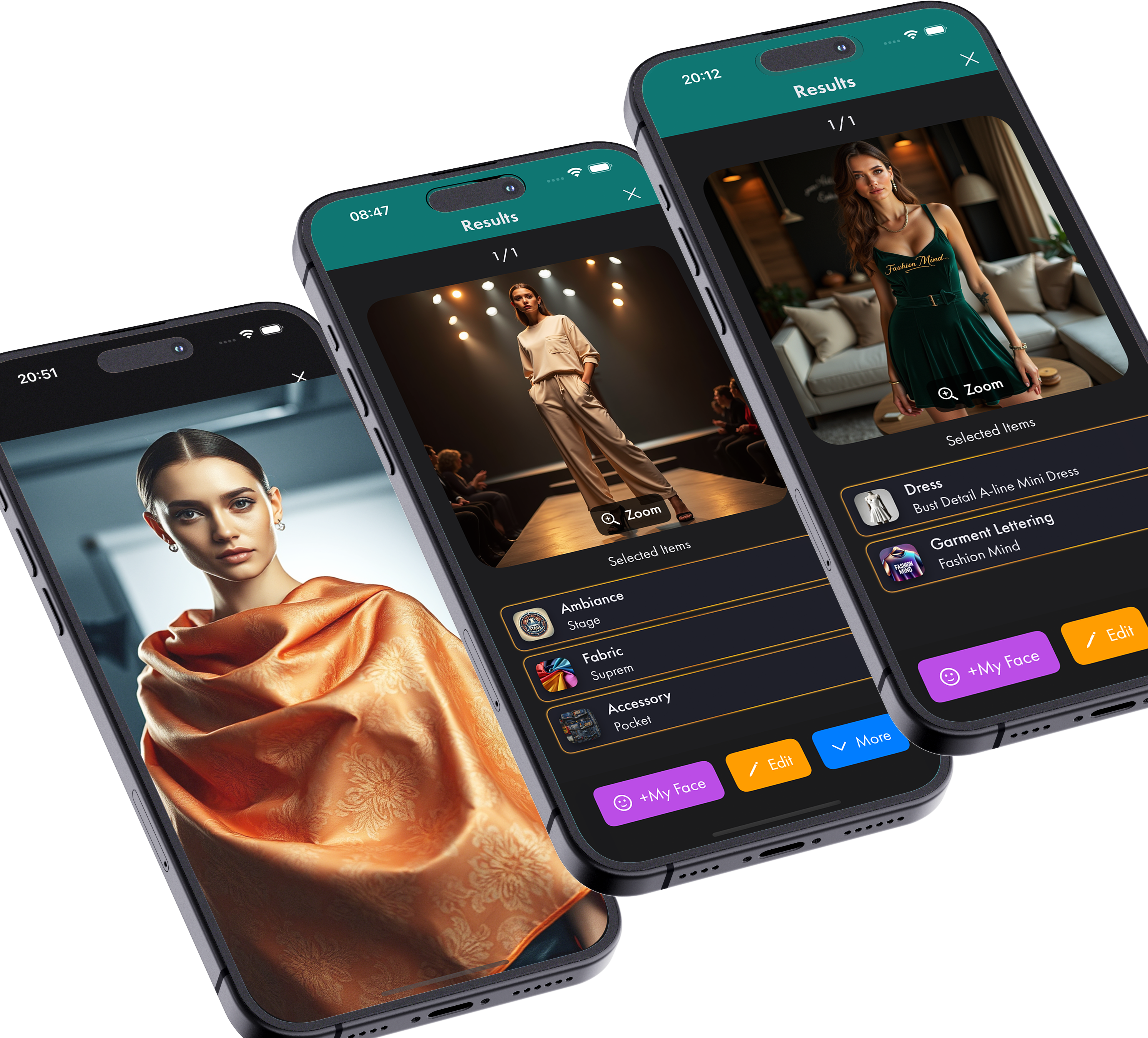 Mobile app screenshots showing Fashion Mind AI interface with generated fashion designs and features